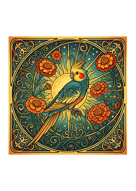Art Nouveau Cockatiel with Sun and Flowers