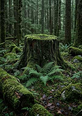 Mossy Forest Stump and Ferns