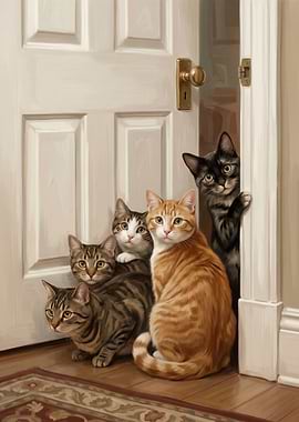 Curious Kittens Peeking Through Doorway