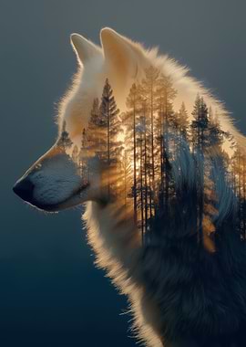 Wolf and Forest Double Exposure