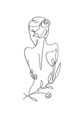 Minimalist Line Art of Woman with Flowers