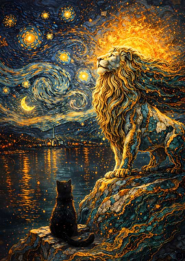 Lion and Cat Under Starry Sky
