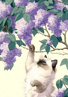 Kitten Reaching for Lilacs