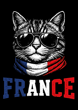 France Cat Poster, Cool Cat with Aviator Sunglasses Wall Art, French Flag Print