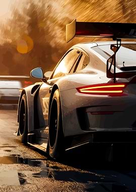 Racing Car on Wet Track