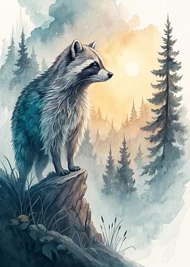 Raccoon on a rock at sunset