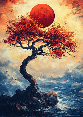 Crimson Moon Over Stormy Seas
