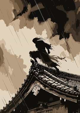 Samurai on a Rooftop in the Rain