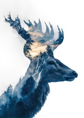 Double Exposure Deer with Forest and Sky