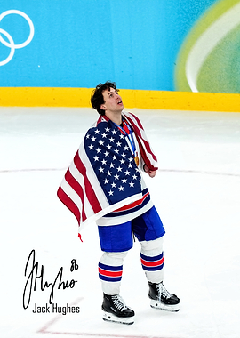 Jack Hughes with American Flag and Medal