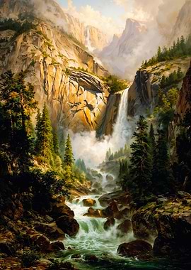 Majestic Mountain Waterfall Valley Painting
