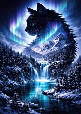 Black Cat Aurora Winter Landscape