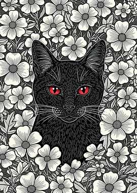 Black Cat with Red Eyes in Flowers
