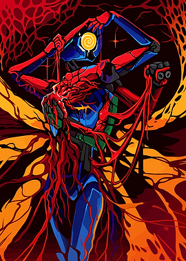 Distorted Robot with Red Tendrils