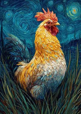 Rooster in Starry Night Style