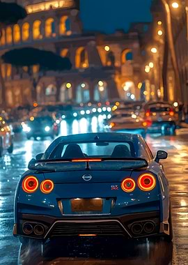 Blue Nissan GT-R in a Rainy City at Night