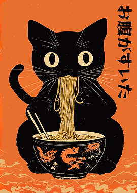 Black Cat Eating Ramen