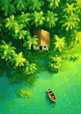 Tropical Hut and Boat in Lush Greenery