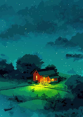 Cozy cabin at night with starry sky