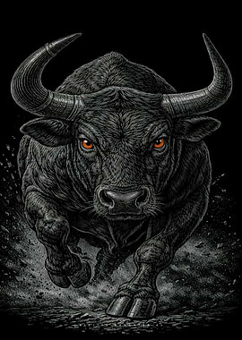 Aggressive Black Bull Charging Forward