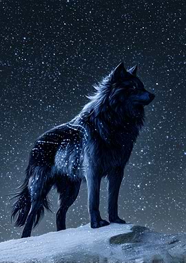 Starlit Wolf on Snowy Hill
