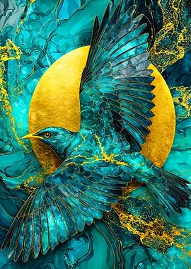 Golden Teal Bird Flying Art