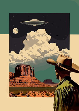 Cowboy and UFO in Desert Landscape