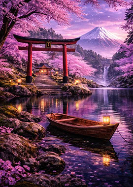 Serene Japanese Landscape with Cherry Blossoms