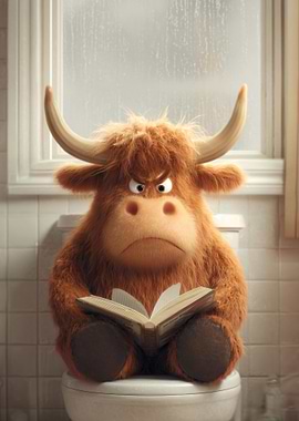 Grumpy Highland Cow Reading on Toilet