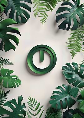 Green Power Symbol with Tropical Leaves — Minimal Jungle Digital Art Print