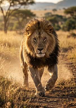 Lion running in the savanna