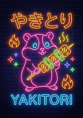 Cute Hamster with Yakitori Neon Sign