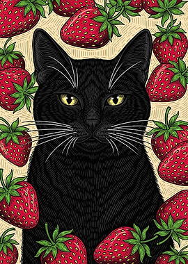 Black Cat Surrounded by Strawberries