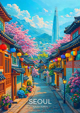 Seoul Street with Cherry Blossoms and Lotte World Tower