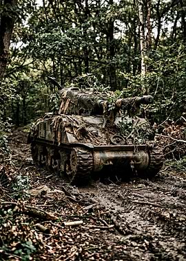 Camouflaged Tank in Muddy Forest