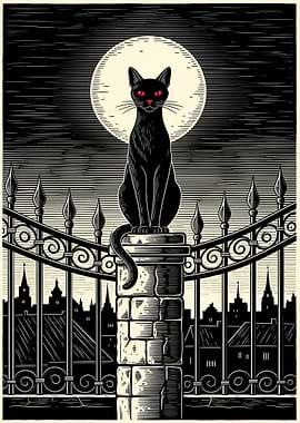 Black Cat on Fence Post