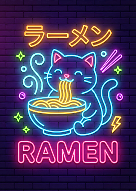 Neon Cat Eating Ramen