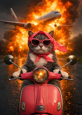 Cat on a scooter with plane explosion