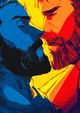 Bearded men kissing in pop art style