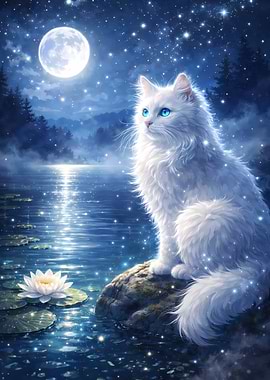 Enchanting White Cat Under the Moon