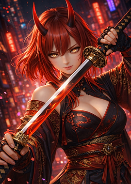 Fiery Oni Warrior with Katana
