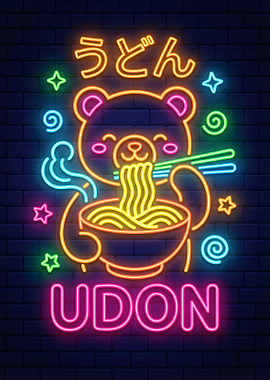 Cute Bear Eating Udon Neon Sign