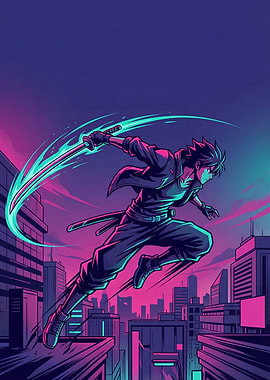 Anime Samurai in Neon City