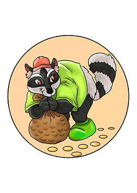 Raccoon thief with a bag of coins