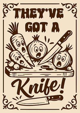 They’ve Got a Knife Poster, Funny Carrot Onion Wall Art, Vintage Kitchen Humor Print