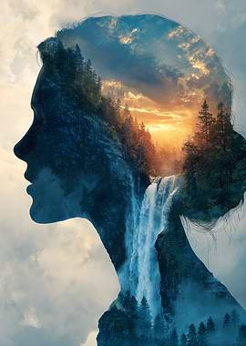 Double Exposure of Woman and Waterfall Landscape