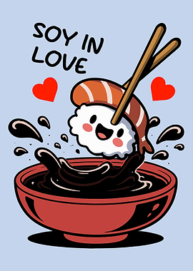 Soy In Love Sushi Poster, Cute Kawaii Food Wall Art, Funny Japanese Kitchen Print
