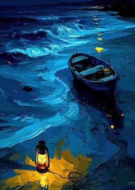 Boat and Lantern by the Sea at Night