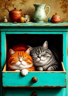 Two Sleeping Cats in a Drawer