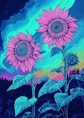 Psychedelic Sunflowers at Dusk